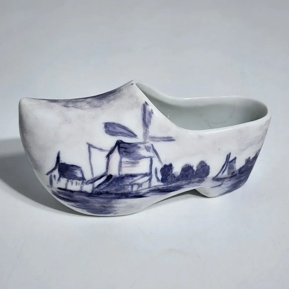 Dutch Ceramic Clog Shoe Figurine Hand Painted Blue & White Windmill